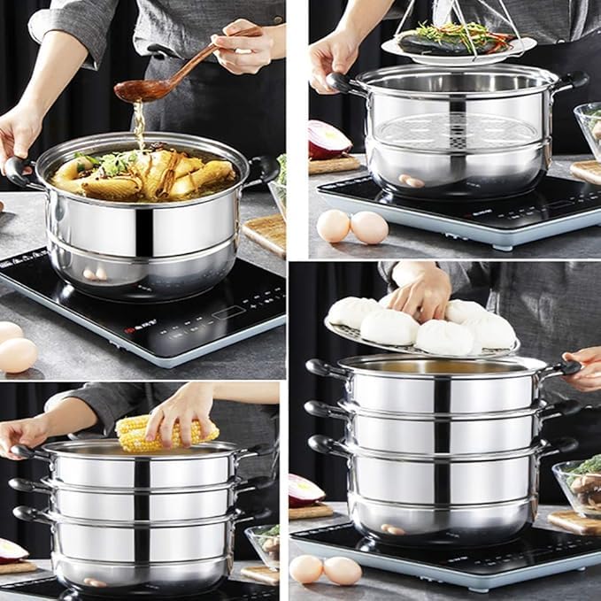Blend ART 28cm Commercial 3-Tier Induction Compatible Momo Steamer β Stainless Steel Cooking Steamer Pot for Vegetables, Dumplings, Momos | Easy to Clean, 13.5L Total Capacity 3