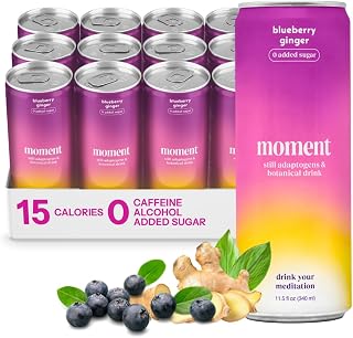 Moment Adaptogen Drink (Shark Tank) | NON-CARBONATED Non Alcoholic Drinks | Blueberry Ginger | L-Theanine & Ashwagandha for Calm & Clarity | 0 Added Sugar, 0 Caffeine | 12-pack