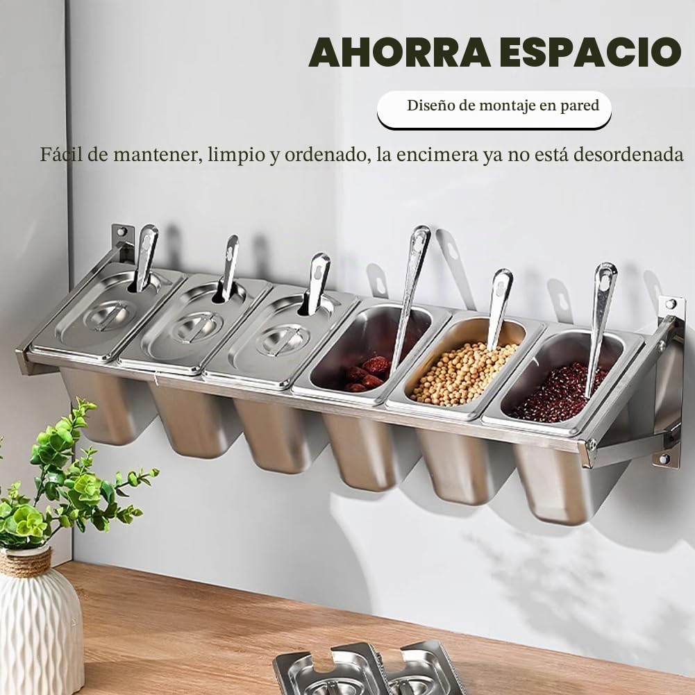 Ingrediente de catering de pared, contenedor de especias para pizza, contenedor de ingredientes de acero inoxidable, estante de hierbas, fácil acceso a especias, ingredientes y decoraciones, 6