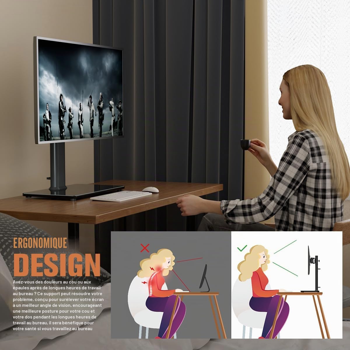 Hemudu Support de Bureau Simple pour écran LCD 13"-32" avec Pivot, Hauteur réglable, Rotation, 35 kg