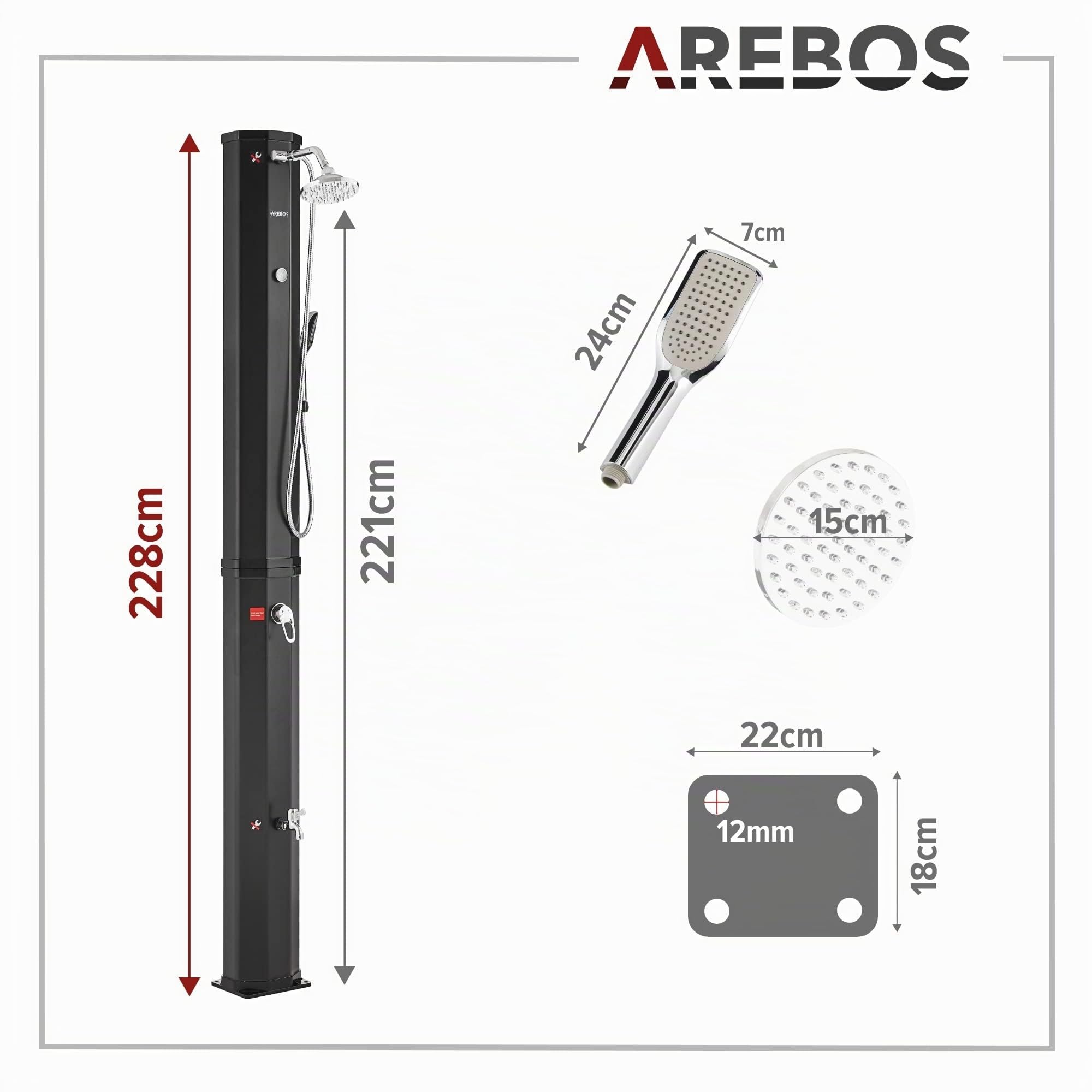 AREBOS Douche Solaire 60 L | avec douchette & thermomètre | température de l'eau jusqu'à 60°C Douche de Piscine Camping | pommeau de Douche Rond | Housse de Protection Incluse | Noir