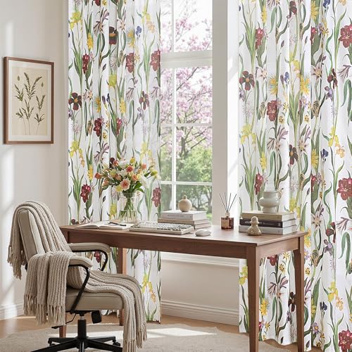 Image of Schweek Boho Floral Curtains 96 Inches Long 2 Panels for Living Room White