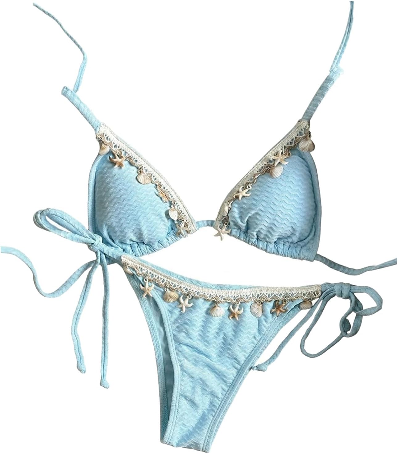 Verdusa Women's 2 Piece Sexy Halter Triangle Bikinis Thong Tie Boho Seashell Bikini Sets Swimsuits Swim Bathing Suit