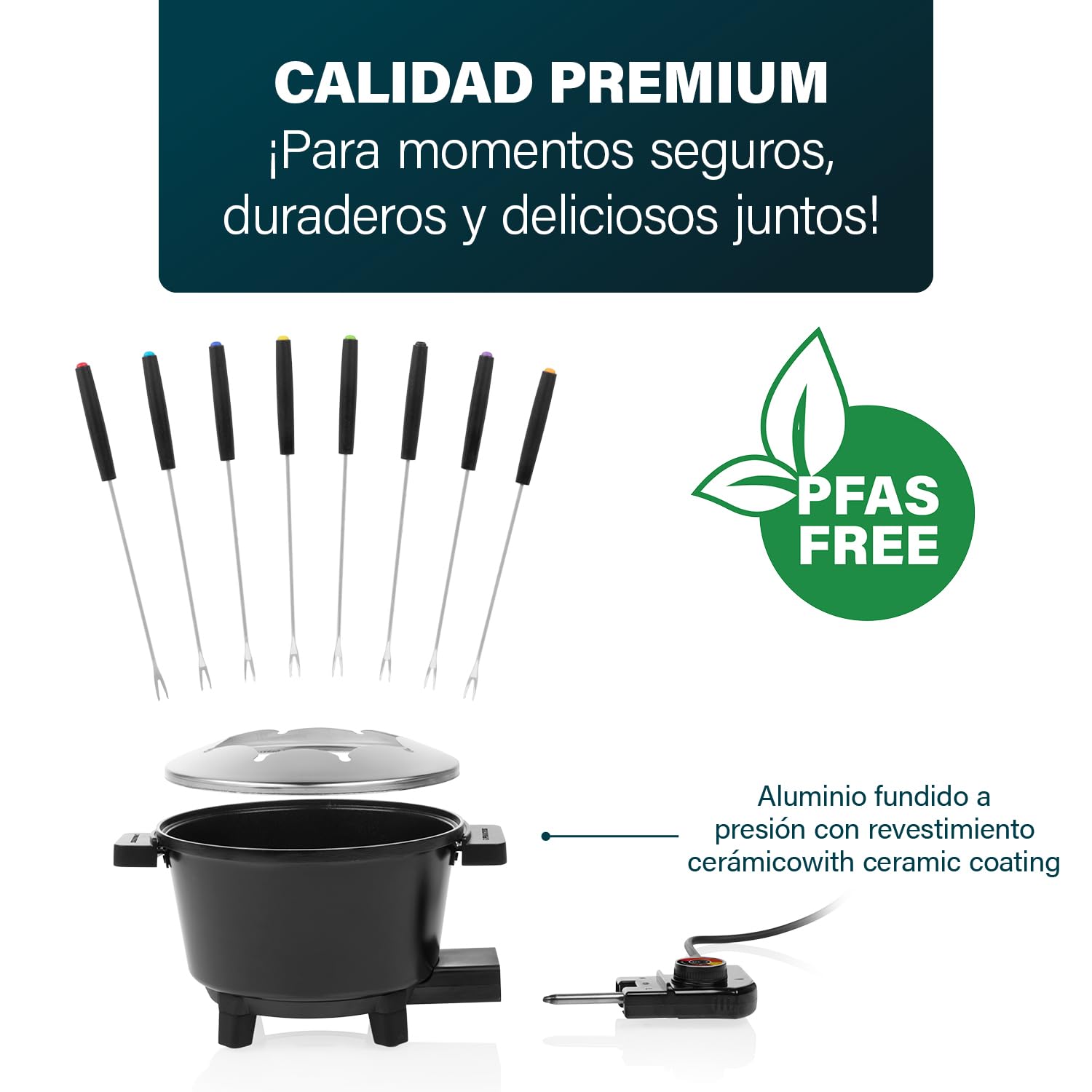 Princess Set de Fondue Negro, Capacidad 1,5L, Termostato Ajustable, Recubrimiento Cerámico, 8 Tenedores Inox, Asas Frías, 800W, Base Antideslizante, 01.173110.01.001