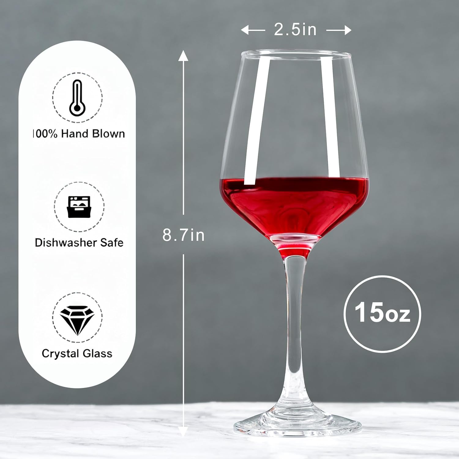 FrutPunch Red Wine Glasses Set of 2, Hand-Blown Crystal Clear Wine Glasses, 15OZ,Thin Rim, Long Stem, Perfect for White and Red Wine, Suitable for Parties, Weddings, Anniversaries