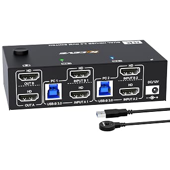 HDMI KVM Switch 2 Computers 2 Monitors, 8K@60Hz/4K@120Hz Dual Monitor KVM Switch for 2 PC Share 2 Monitors and USB3.0 Devices, with USB Cables,Controller and Power Adapter 8K HDMI 2 in 2 Out 11cm