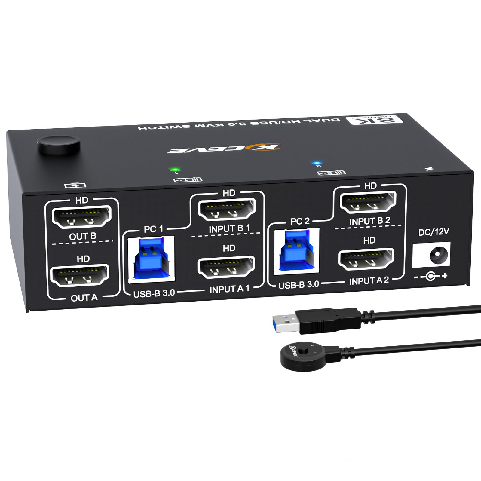 Switch KVM HDMI per 2 computer e 2 monitor, 8K@60Hz/4K@120Hz Dual Monitor KVM Switch per 2 PC, per la condivisione di 2 monitor e dispositivi USB 3.0, con cavi USB, controller e alimentatore di rete