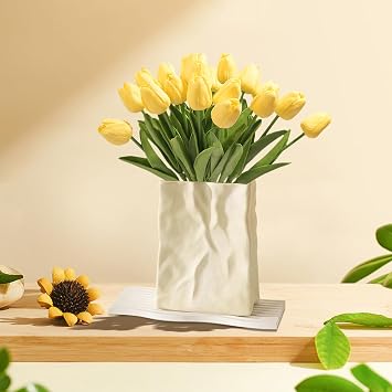 20pcs Tulips Artificial Flowers Fake Flowers for Decoration, Faux Flowers Tulips Real Touch Arrangement Bouquet for Wedding Home Office Party, Faux Flower Bulk Gift Idea for Mothers Day Yellow