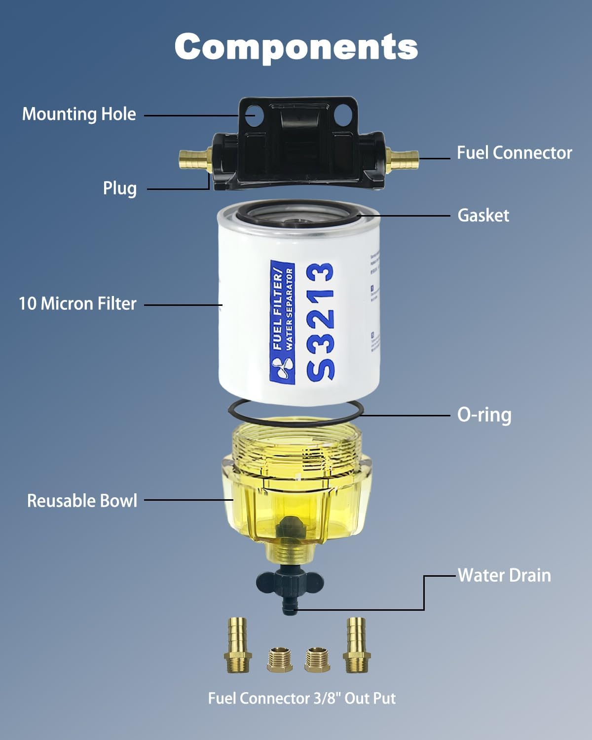 S3213 Fuel Water Separator Filter Assembly, Marine Fuel Filter Compatible with Yamaha Mercury Racor Sierra Suzuki Outboard, Replaces# S3213, 18-17928, 35-809097, 35-60494-1, 18-7932-1