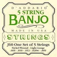 One complete set of 5-string banjo strings Light gauge (.009-.020) Wound strings are round wound, made from nickel-plated steel. Unwound strings are plain steel Strings individually wrapped in paper envelopes and packed in a vinyl pouch Made in USA b...