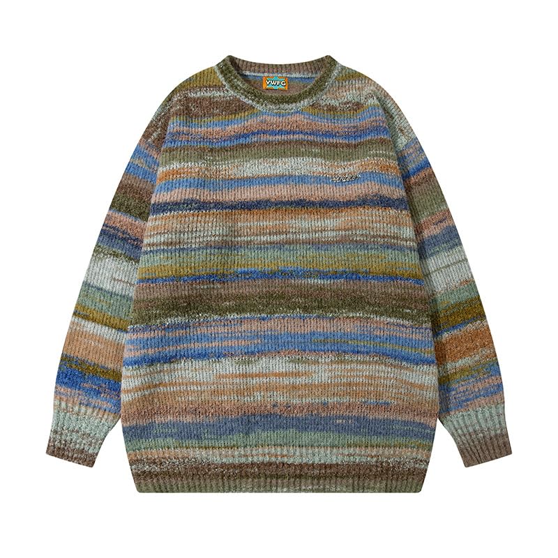 Streetwear Vintage Stripes Knitted Sweater Men Spring Autumn Contrast Color Pullovers Oversized