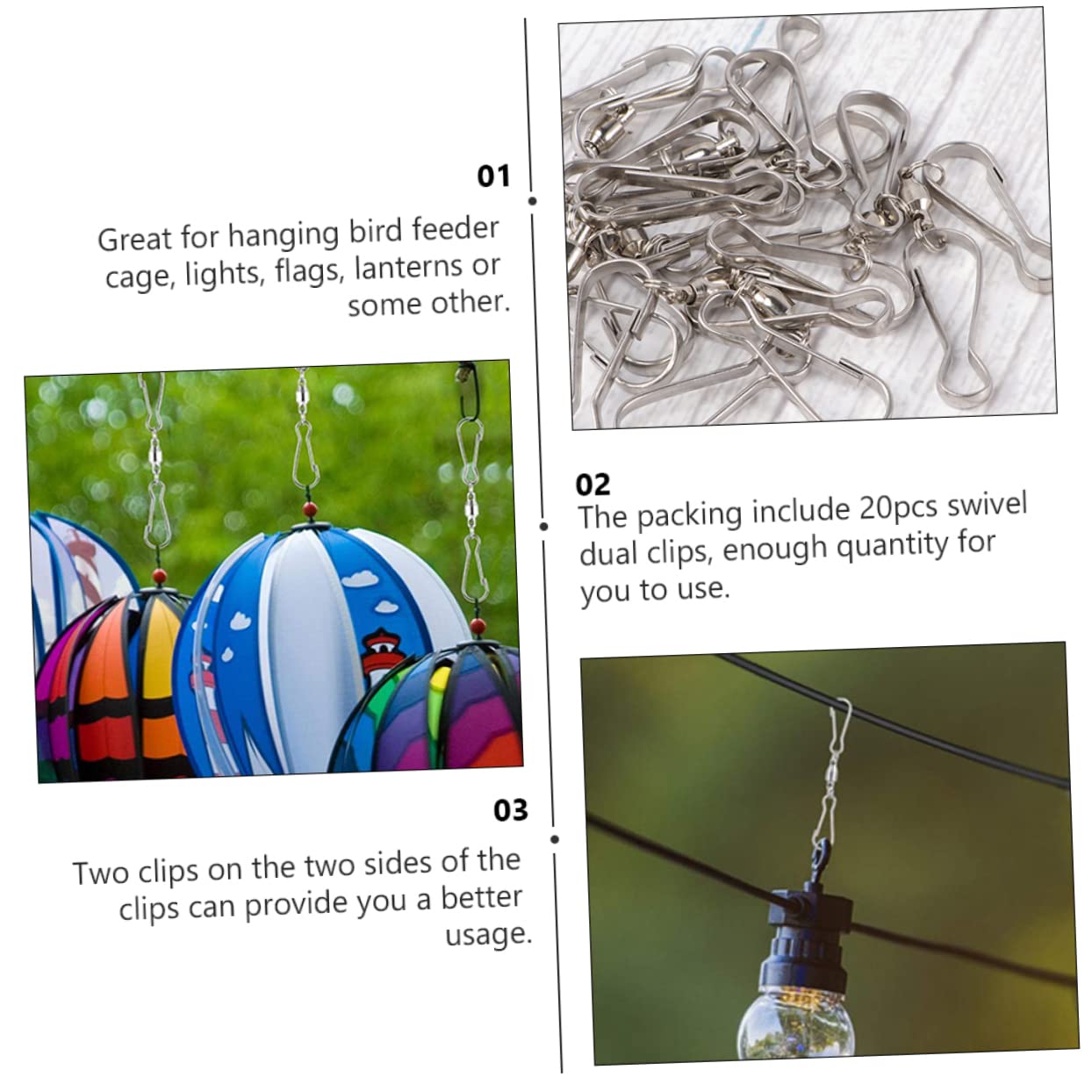 Abaodam 20Pcs Swivel Dual Clips Hangers for Birds Feeder Flower Pots Wind Spinners Degrees Rotating Hooks for Outdoor Decor and Display