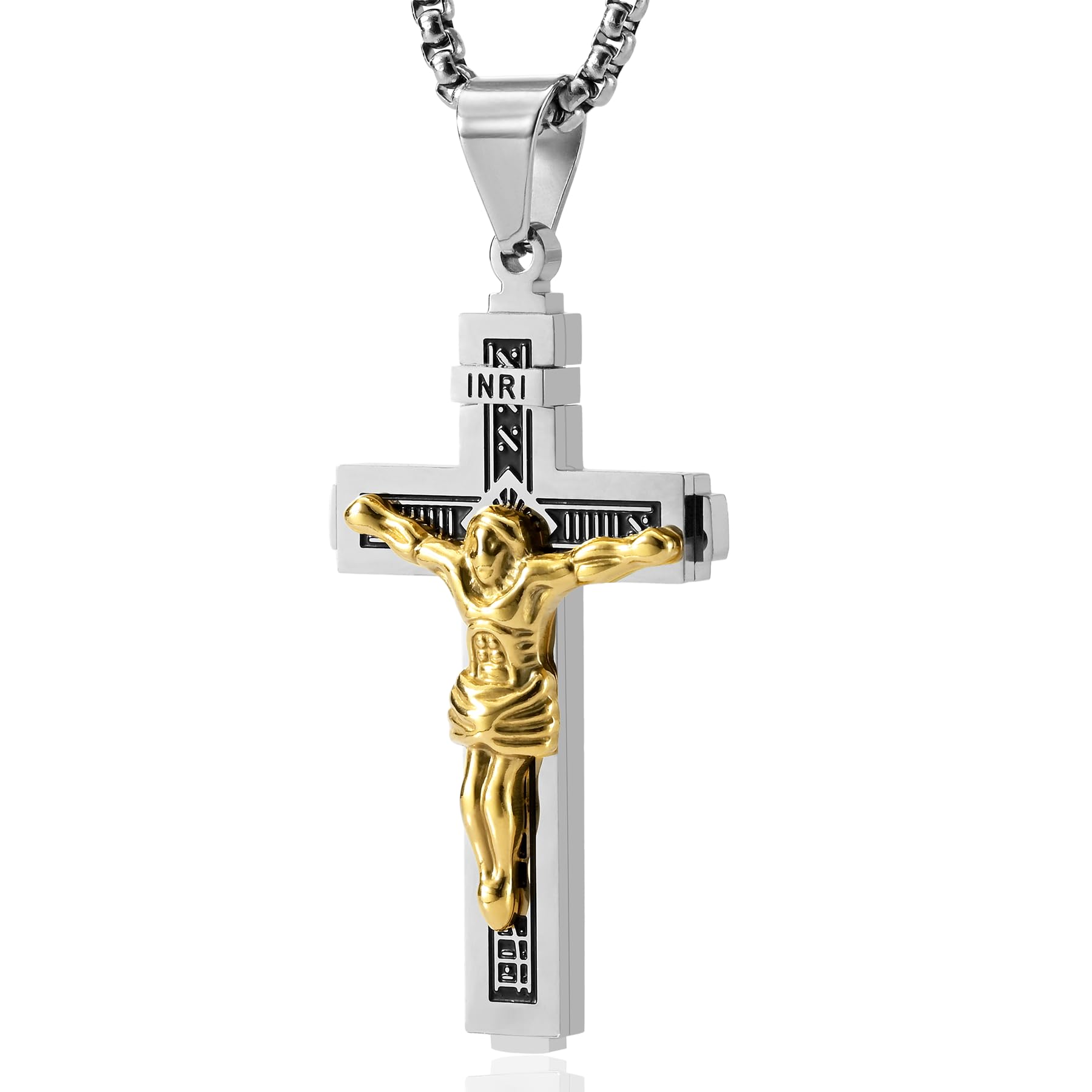 MOOSKI Crucifix Cross Necklace for Men,Silver Gold Jesus on INRI Mens Cross Necklaces with 3mm Cross Chain and Stainless Steel Cross Pendant Jewelry