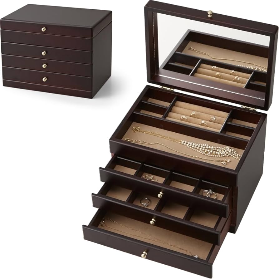 木製 レトロ ジュエリーボックス アクセサリー収納ケース 鏡付 ミラー