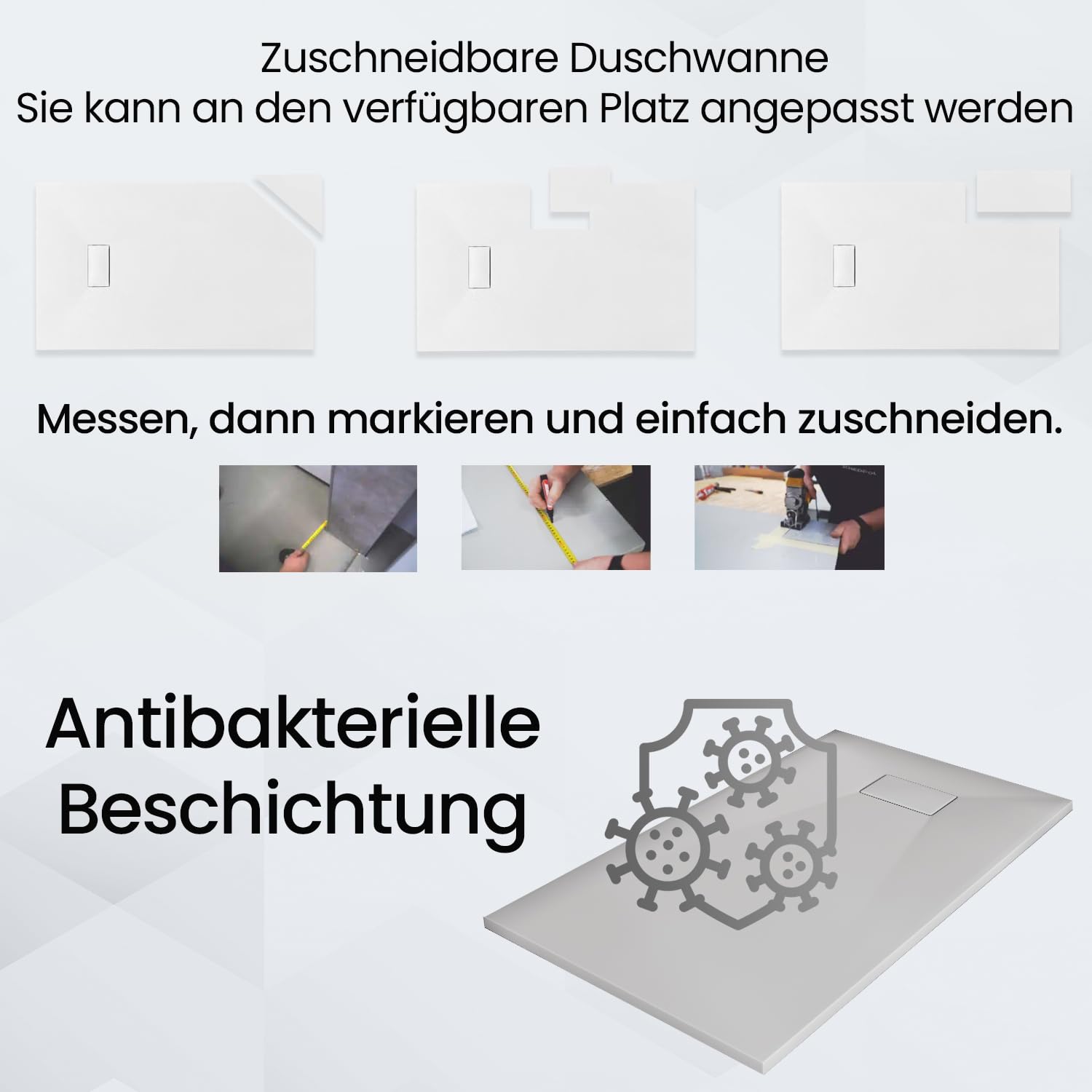 KOLMAN Duschwanne 150x90 cm Rechteck, Weiß, Komposit, Flach, Steinoptik, Ablaufgarnitur Ø 90 mm, Design-Duschtasse Rechteckig VIDAR SLIM
