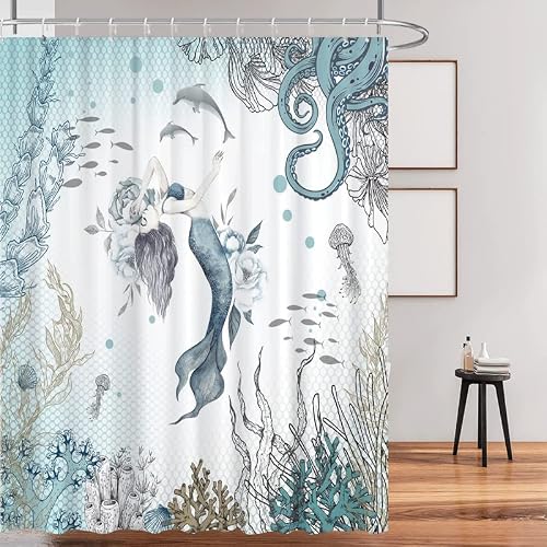 Wollmix Sea Teal Blue Mermaid Octopus Shower Curtain For Bathroom Under The Sea Ocean Coral Reef Fish Animal Seashell Jellyfish Theme Waterproof Fabric Curtain Sets With 12 Hooks 72X72 Inches #TOP2