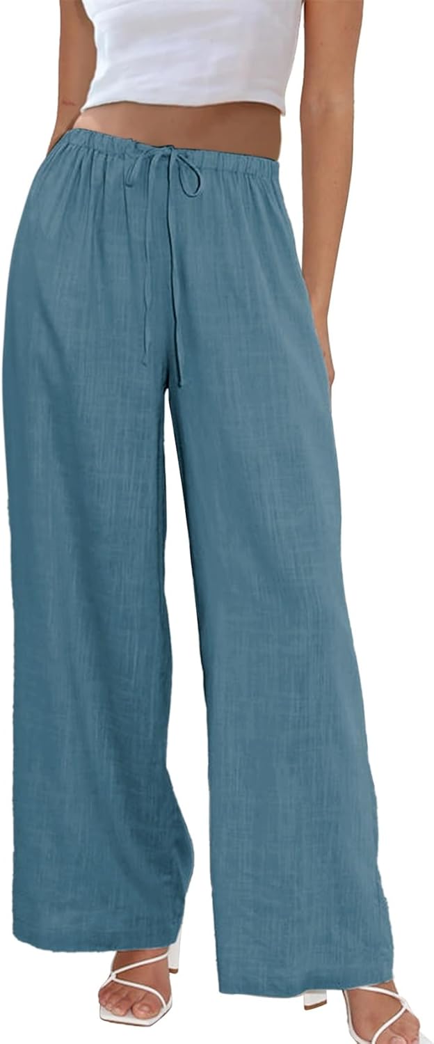 Duyang Womens Cotton Linen Palazzo Pants Drawstring Elastic Waist Casual Wide Leg Trousers with Pockets