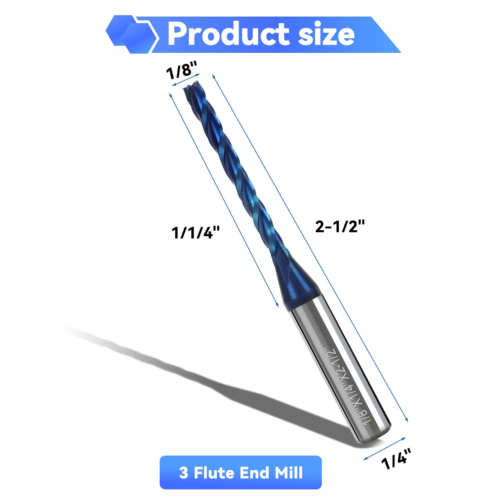 2 punte per fresa CNC a 3 scanalature, diametro di taglio 1/8", gambo da 1/4", fresa a spirale in carburo solido con rivestimento nano blu per intaglio del legno