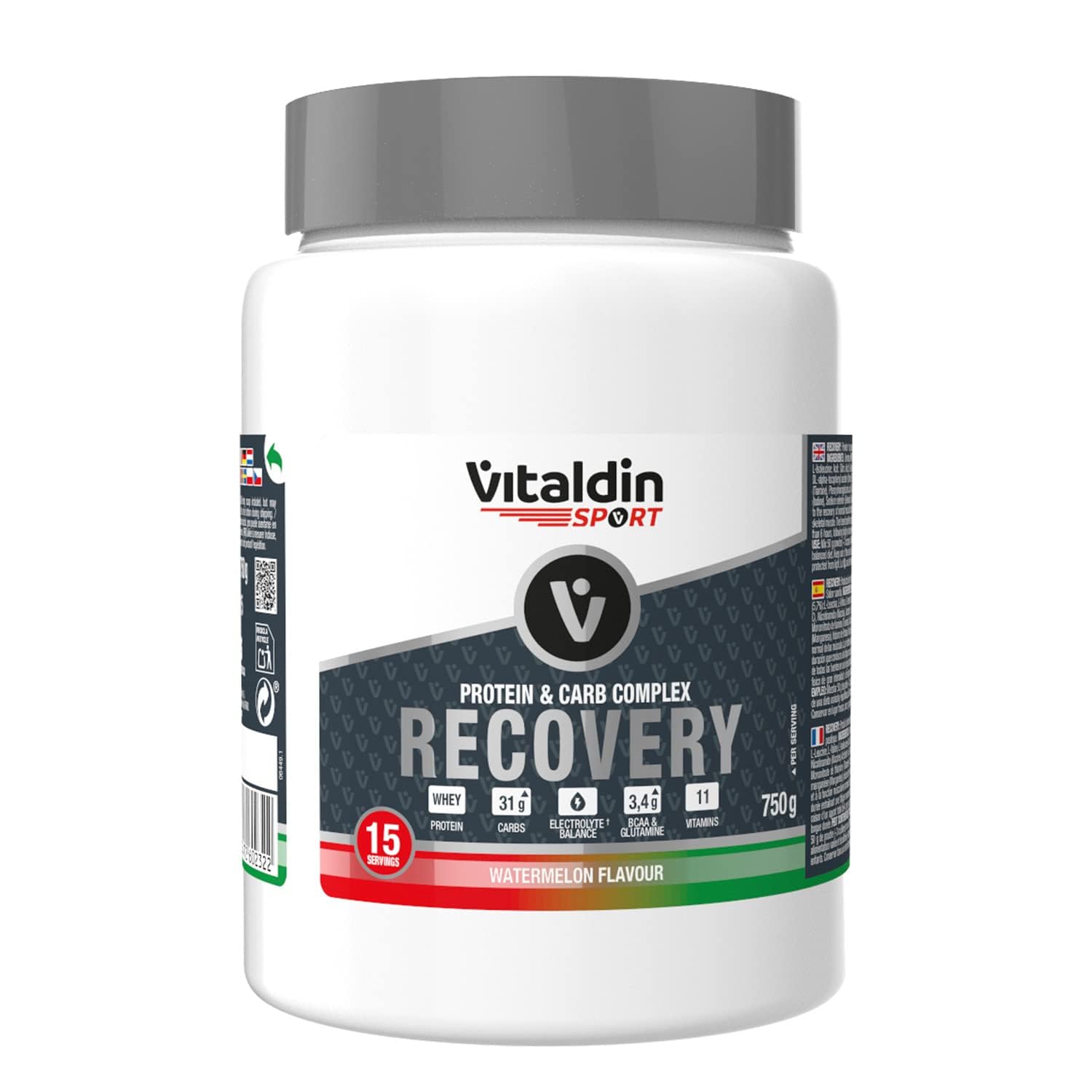 VITALDIN SPORT Protein & Carb Complex Recovery – Bevanda in Polvere per Recupero con Proteine Whey, Carboidrati, Elettroliti, BCAA, Glutammina, Vitamine – Energia e Recupero Muscolare; Anguria – 750 g