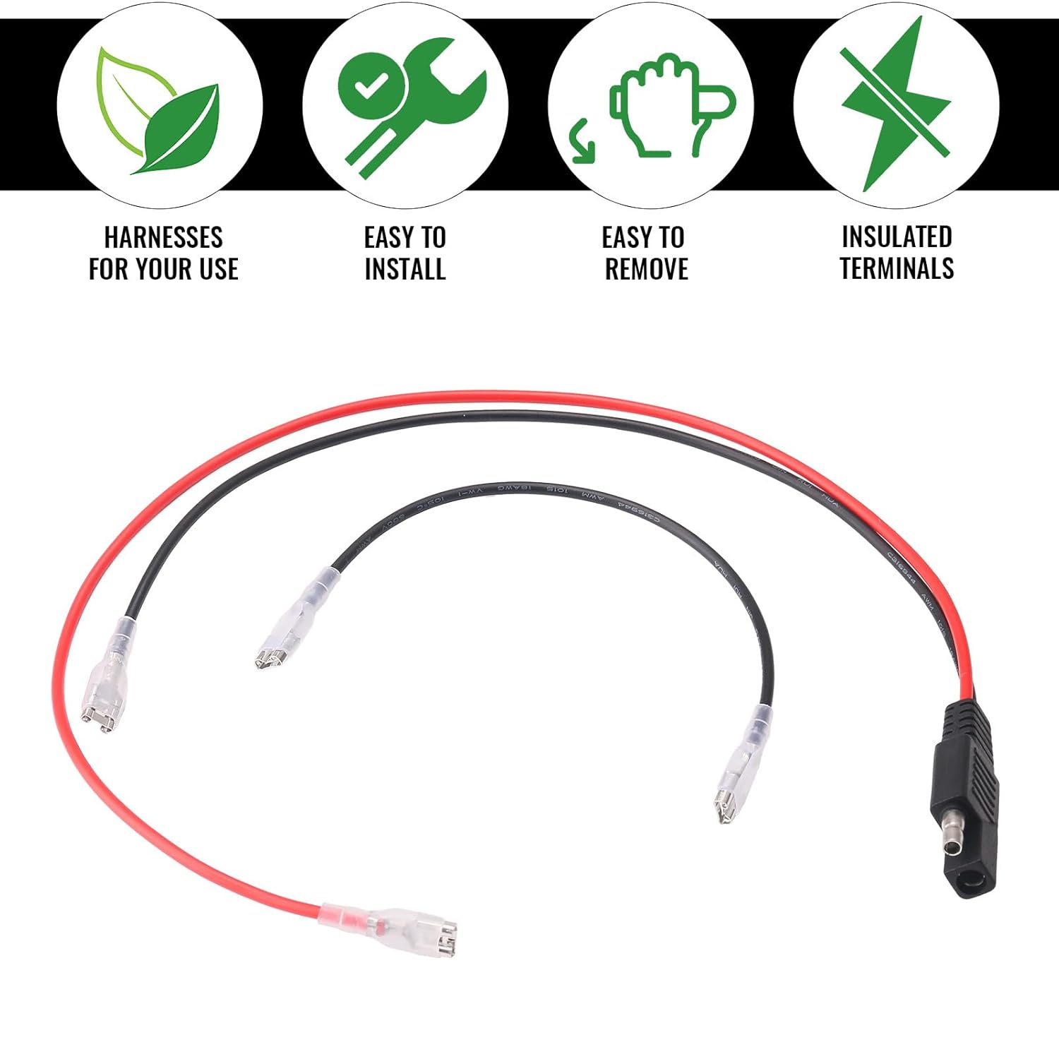 Image displaying four icons representing key features: 'Harnesses for your use', 'Easy to Install', 'Easy to Remove', and 'Insulated Terminals', alongside the wiring harness itself.
