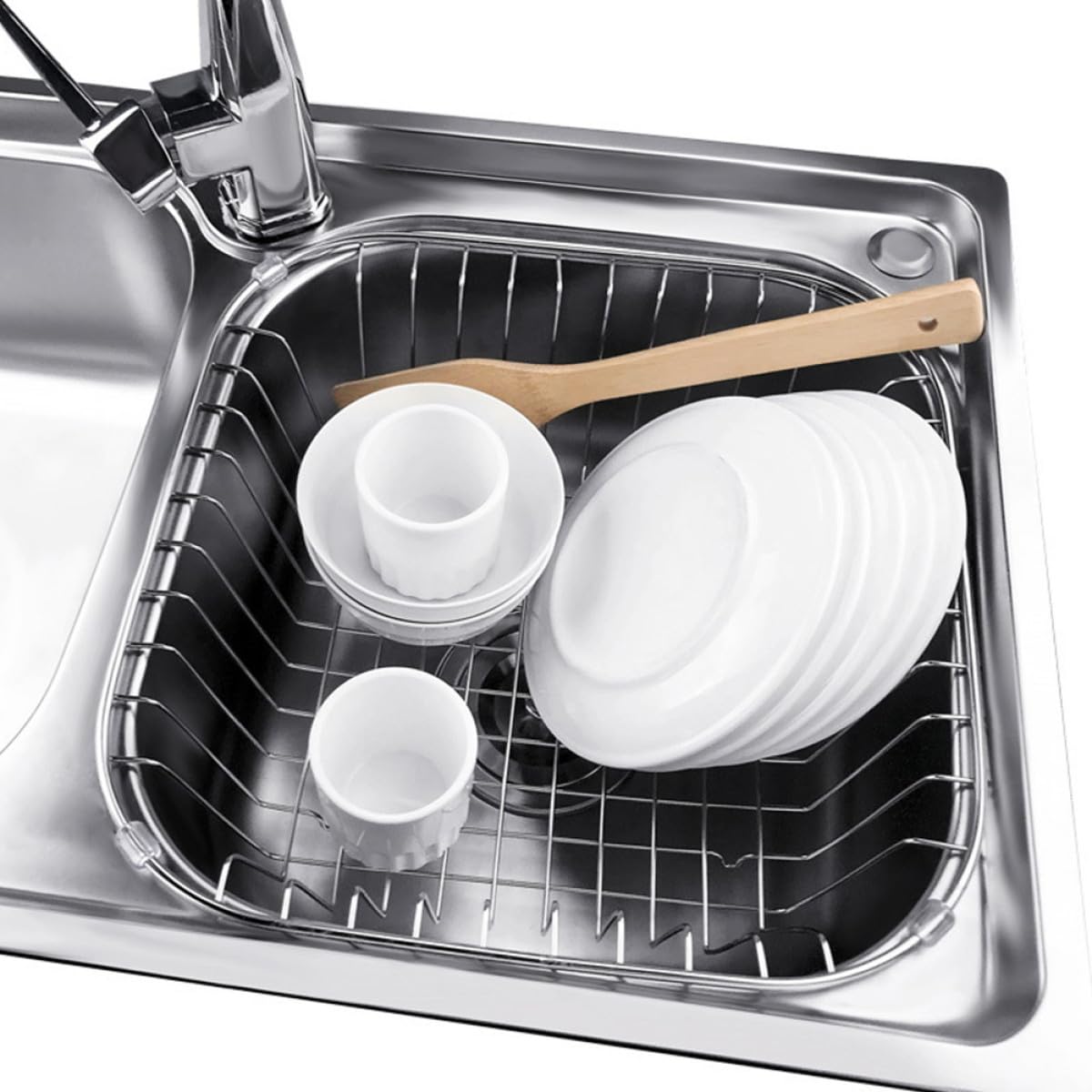 Escurridor de platos compacto de acero inoxidable – 24 x 24 cm para fregadero de cocina y soporte para utensilios – Cesta de drenaje duradera para un almacenamiento eficiente en la encimera