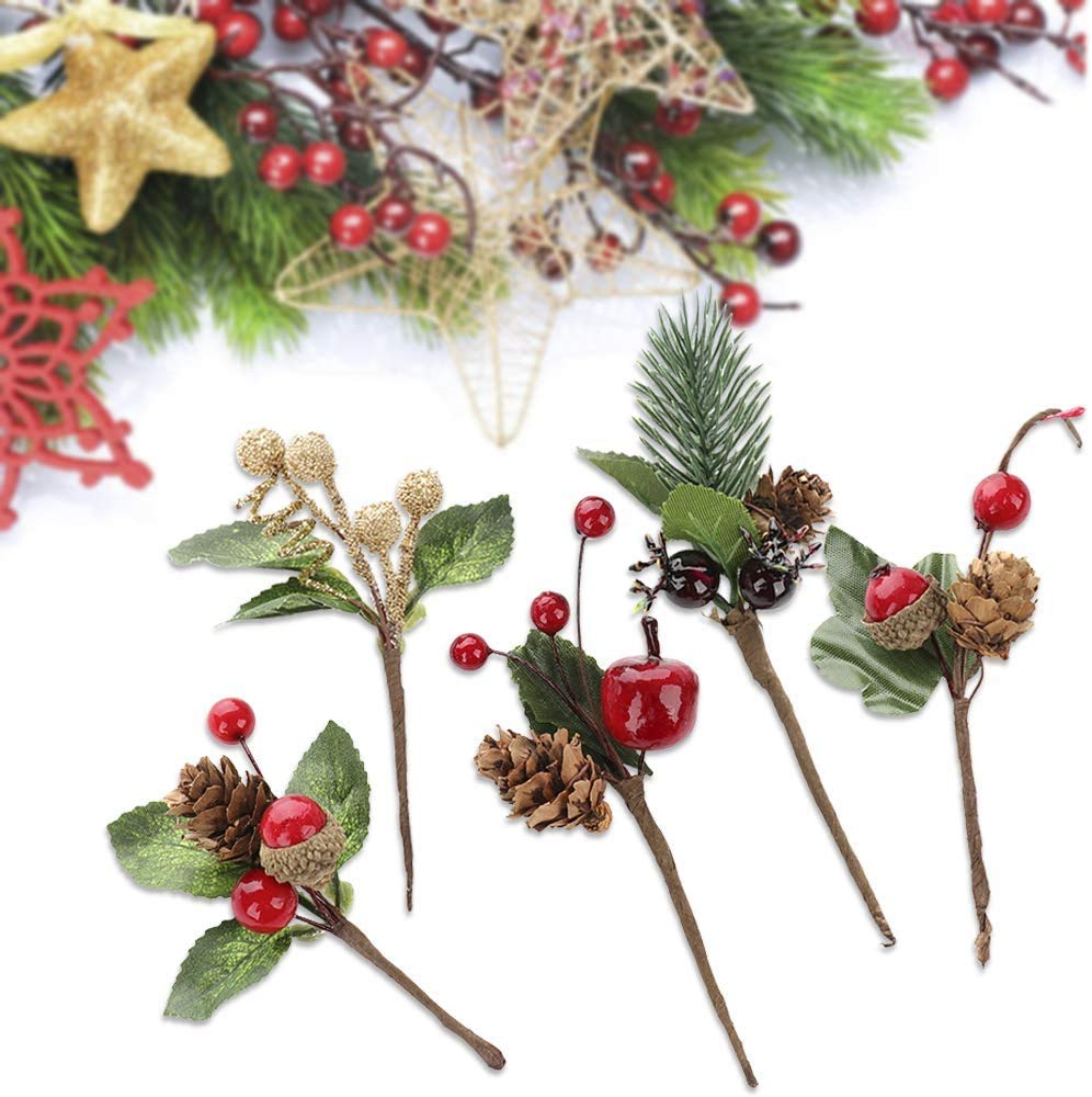 Rb Red 20Pcs Artificial Pine Picks Mini Stimulation Berries Branches Flower Ornaments For Christmas, Thanksgiving Fall Decorations, Autumn Decor,Crafting And Displaying