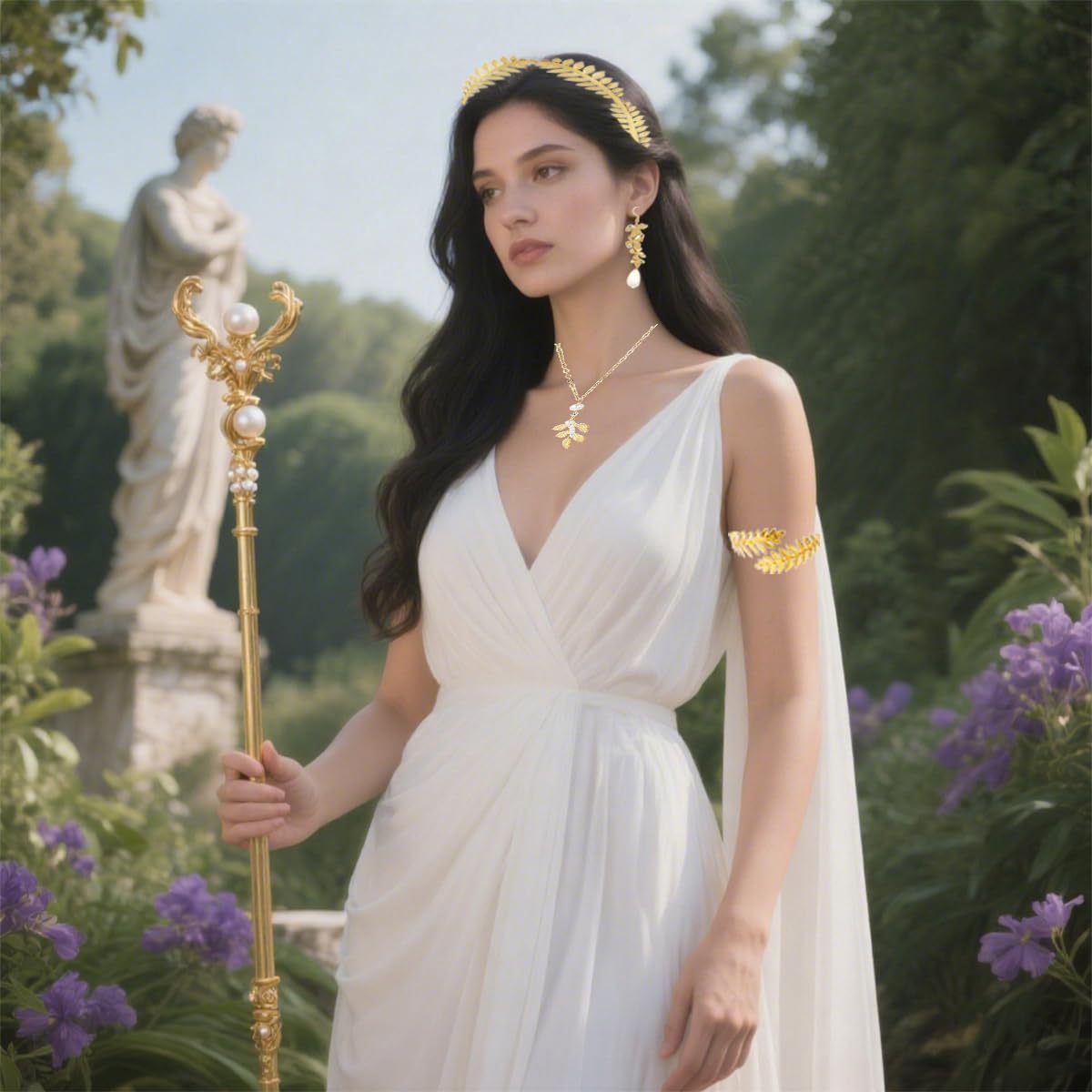 6-Piece Greek Goddess Costume Accessories Set Roman Toga Party Headband Upper Arm Cuff, Bracelet, Band Earrings Women’s Cosplay Jewelry Gold