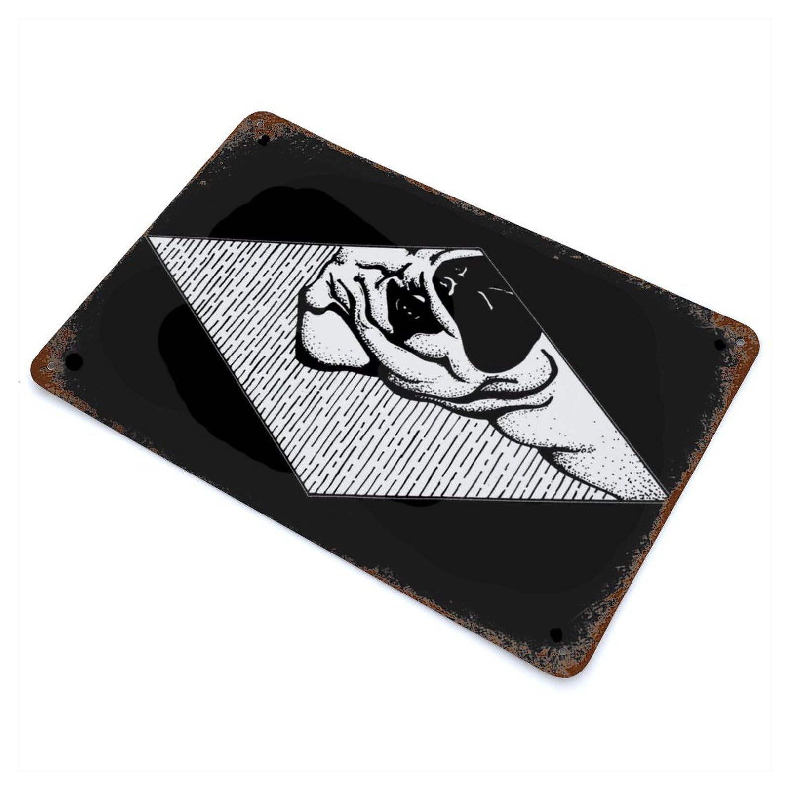Cute Pug Dog 11.8"x7.9" Rust Effect Tin Sign, Decorative Metal Wall Art for Garage, Bar And Workshop Decor