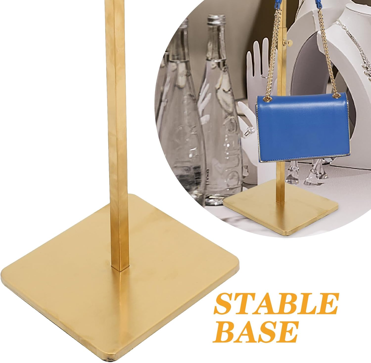 SUPVOX Adjustable Height Bag Display Stand Rack with Dual Stainless Steel Hooks, Brushed Titanium Finish, Thickened Base, Handbag Organizer for Retail Store and Home Closet Hanging