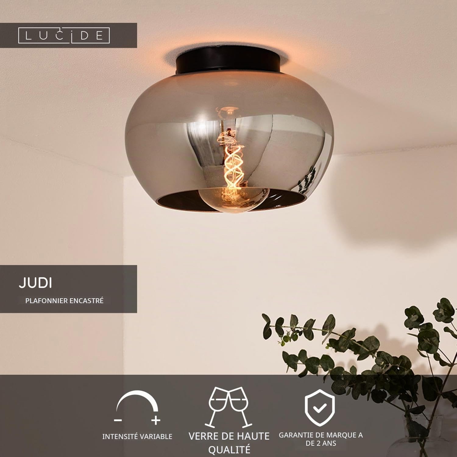 LUCIDE JUDI - Plafonnier - Ø 30,5 cm - 1xE27 - Fumé