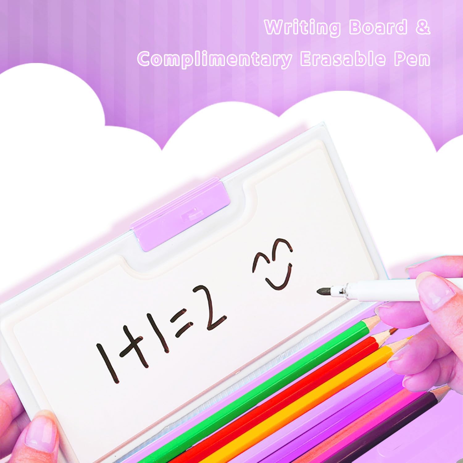 OBABO Pop Up Multifunction Pencil Case for Girls, Cute Cartoon Pen Box Organizer Stationery with Lock, Sharpener, Schedule, Whiteboard, School Supplies, Best Gifts for Kids Teens (Purple)