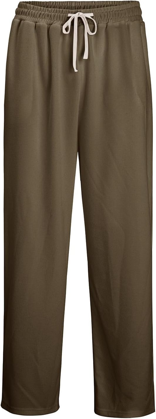 Men's Waffle Pants Casual Wide Leg Pants Baggy Drawstring Elastic Waist Sweatpants with Pockets