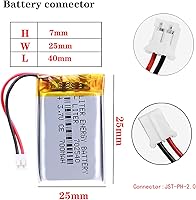 Vista 2 de Litro 3.7V 700mAh 702540 Lipo batería recargable de iones de litio con JST PH 0.079 in conector