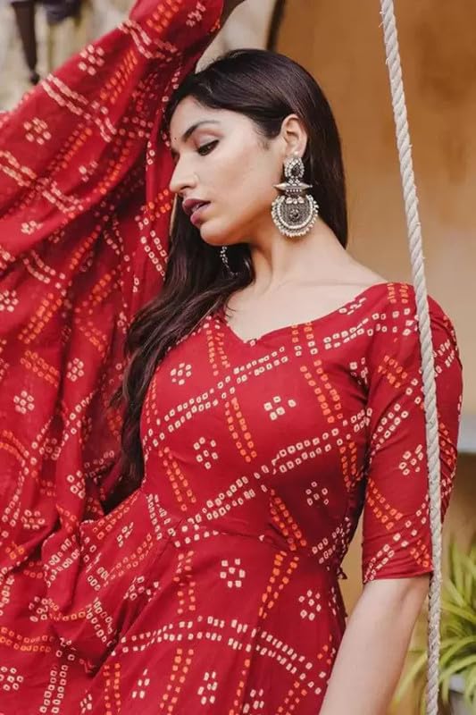 Image of Bandhej Anarkali Kurti | Flared Dress for Girls and Women | Jaipuri Print Rayon Kurti | Red