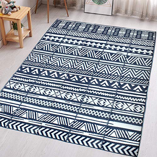 TIDYON Plastic Straw Rug Reversible Mats Large Camping Rugs for Outdoor (Blue & White, 4  6 )