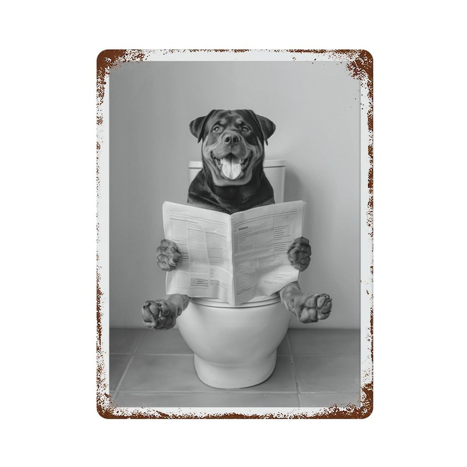 xiaoxiaoshen Rottweiler on Toilet Dog Reading Newspaper, Black And White Wall Decor Art Metal Tin Poster Modern Home Decor Art Home Bar Shop Decorations Vintage Sign 40x30cm