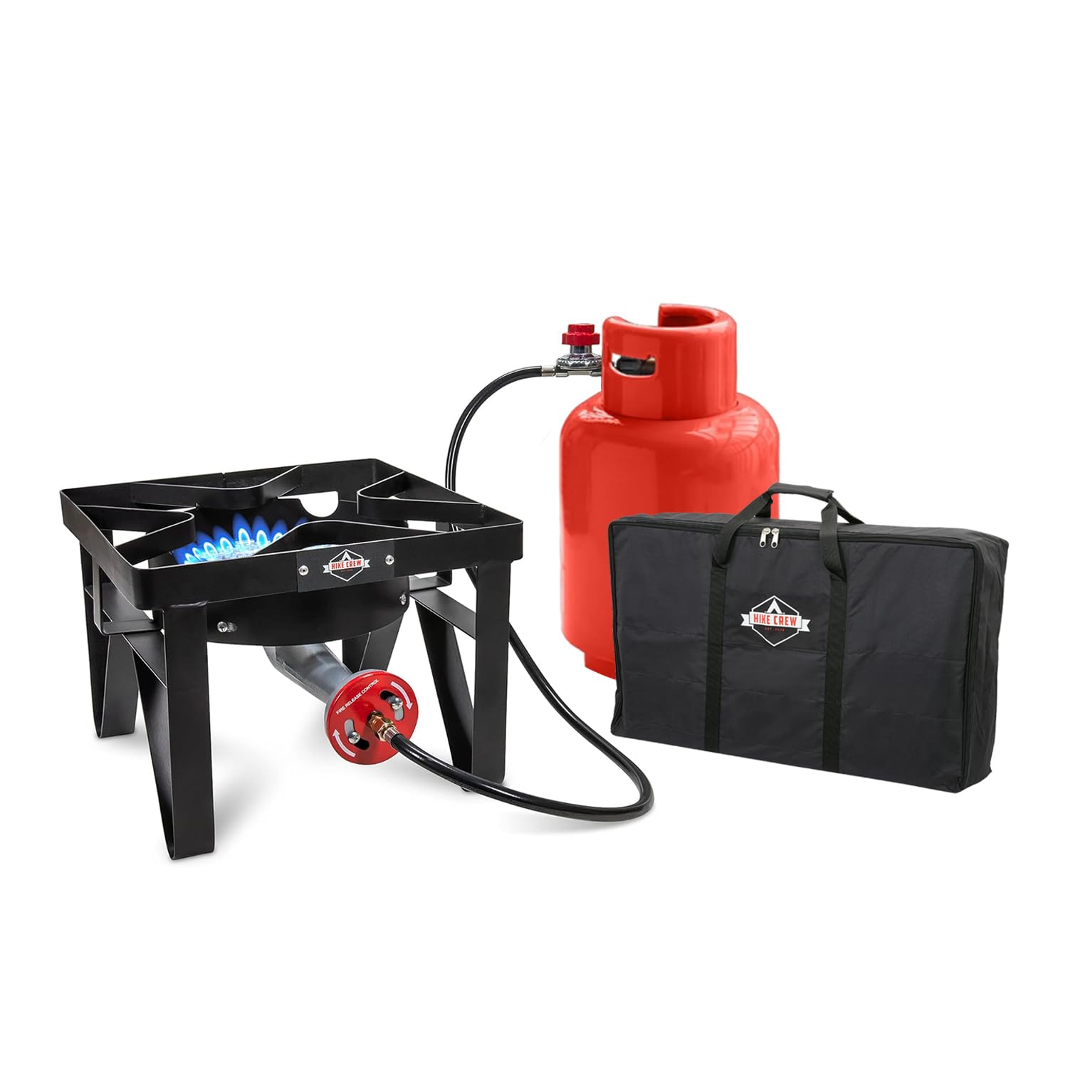- Hike Crew Cast Iron Single-Burner Outdoor Gas Stove | 220,000 BTU Portable Propane-Powered Cooktop | with Blue Flame Air Control Panel, Hose with Adjustable 0-20 PSI Regulator