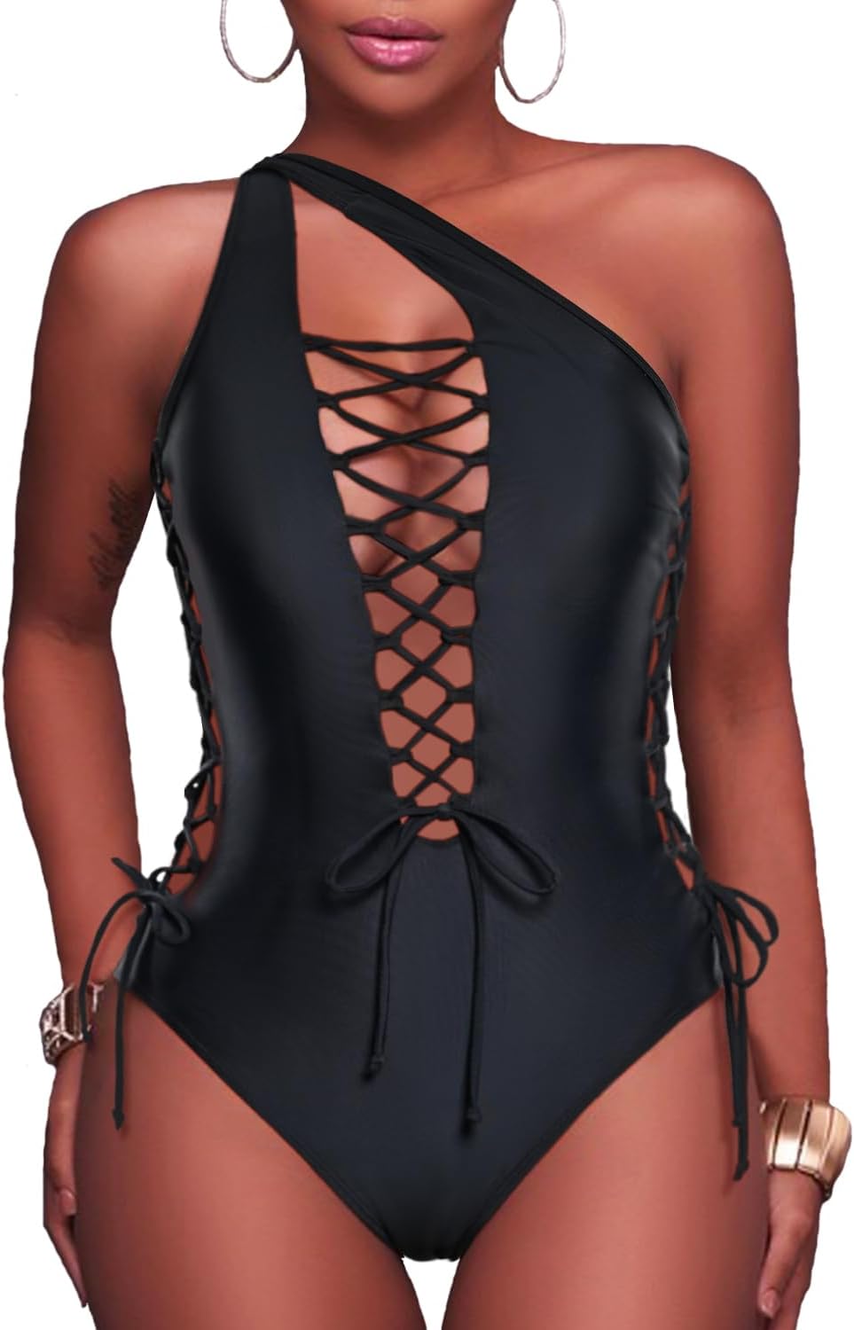 Holipick Women Sexy One Piece Swimsuit One Shoulder Bathing Suit Lace Up Swimwear Monokini