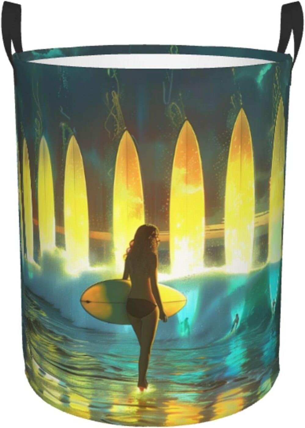 ocean surfboards Laundry Hamper Round, Large Canvas Fabric Lightweight Storage Basket Toy Organizer