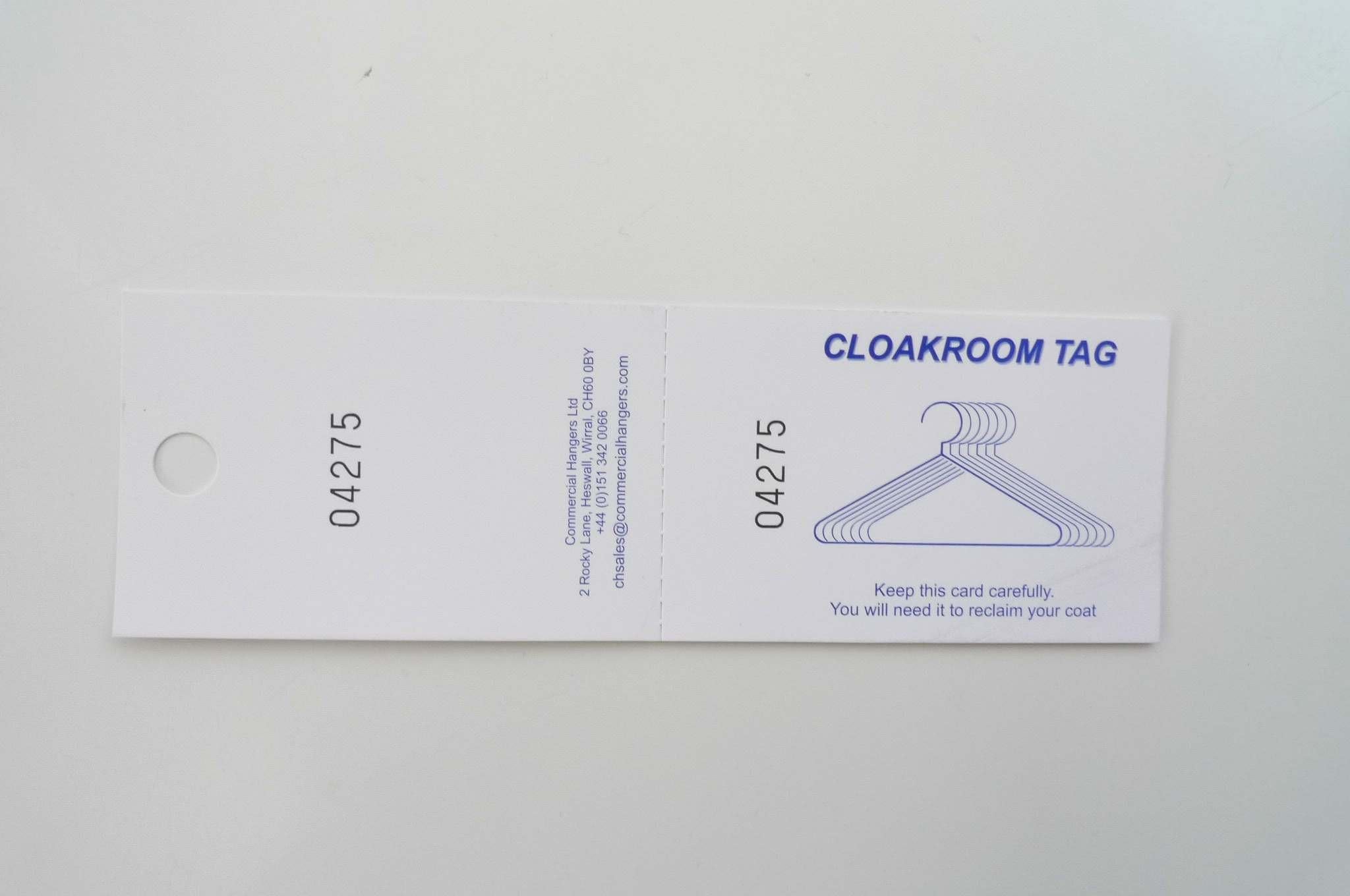 CT1000 Cloakroom Tickets (Pack of 1000 Cards) Numbers Printed on Two Section Perforated Card.