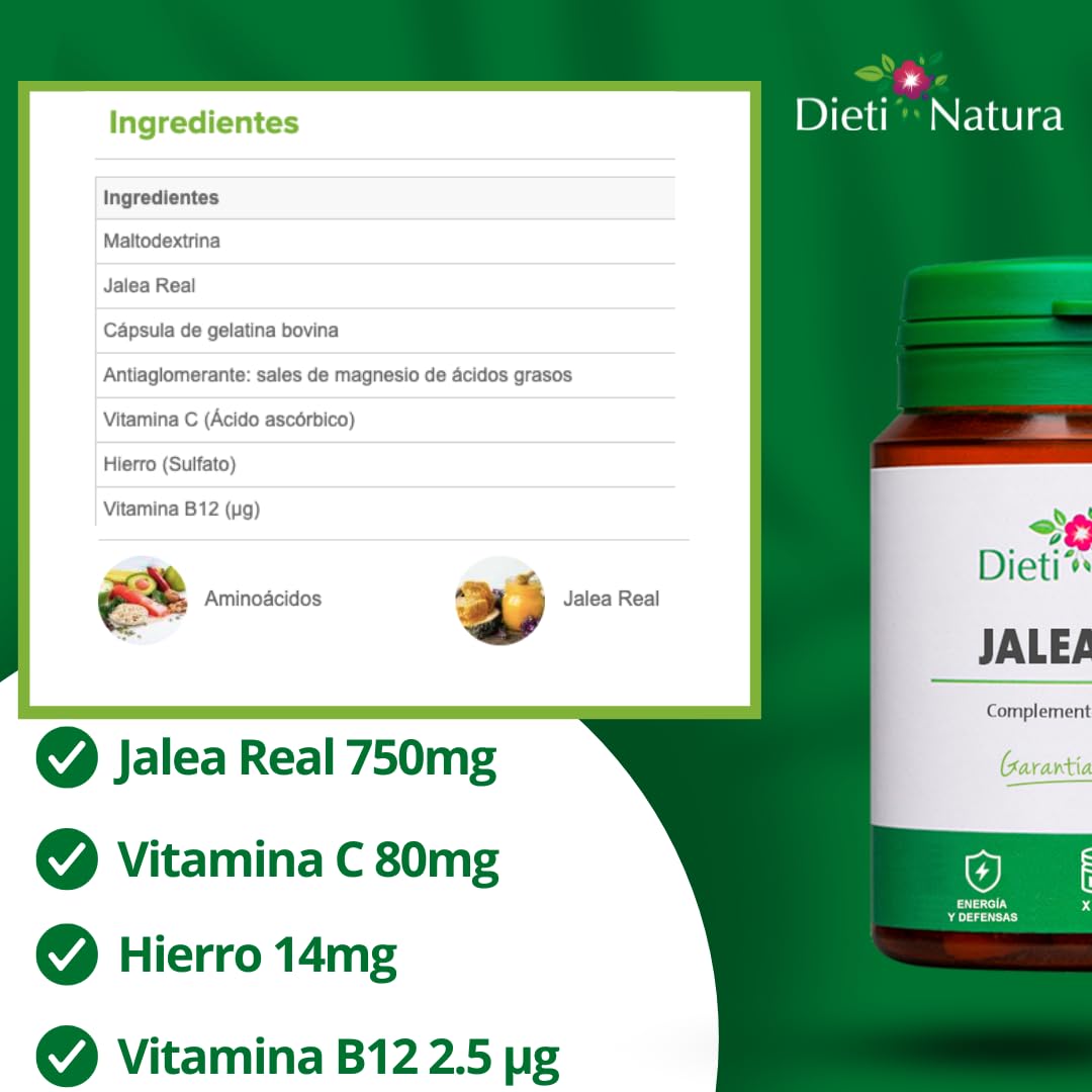 DIETI NATURA Jalea Real Pura 200 Cápsulas con Vitaminas, Oligoelementos, Minerales, Ácidos Grasos Esenciales para Energía y Defensa Inmunológica - Jalea Real Adultos (200 Cápsulas)