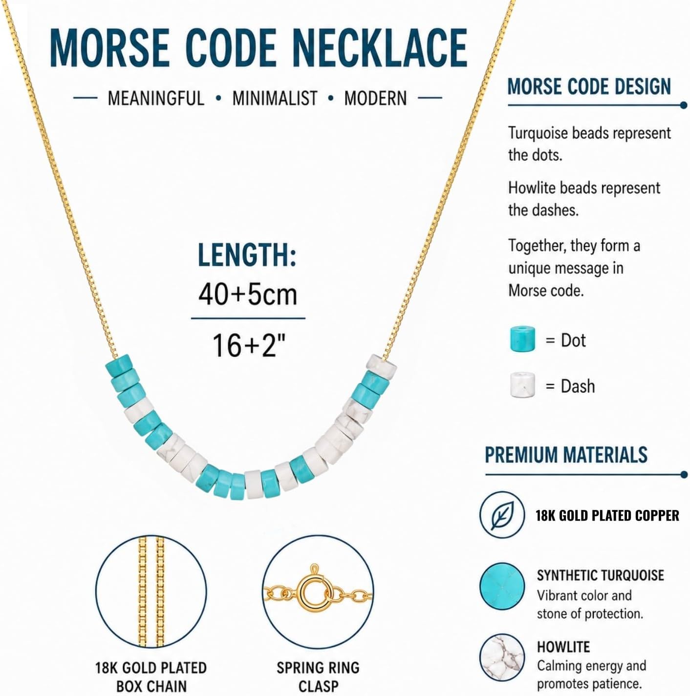 COAI Morse Code Necklace for Women, Howlite Turquoise Beaded Necklace for Women, Adjustable Length 16" with 2" Extender