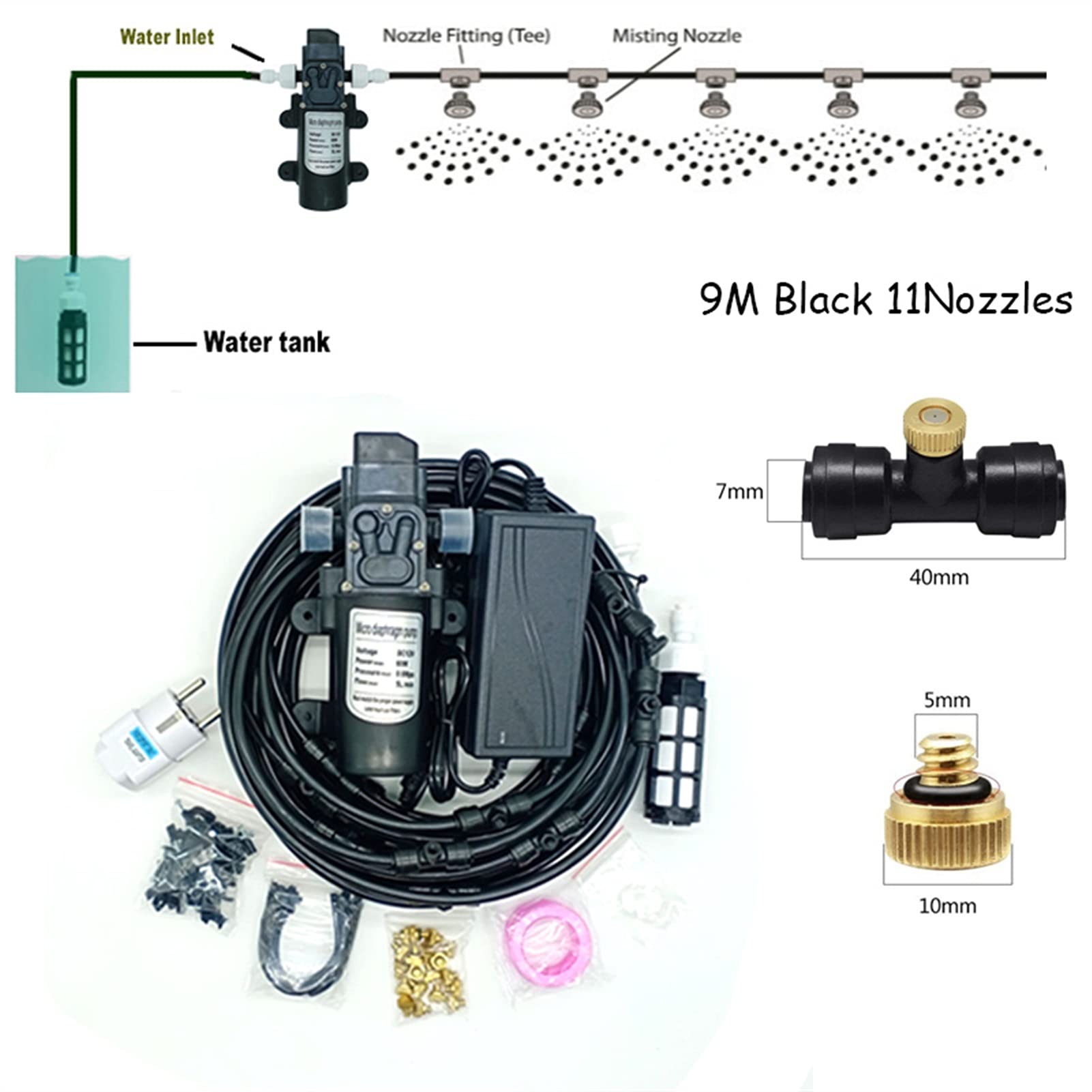 Sprühnebel Kühlung Terrasse Garten Gewächshaus Pavillon Wasserzerstäuber mit 12V Pumpe, Bewässerungssystem Outdoor Misting System Wasser Cooling Sprinkler System für Rasen, Blume, Outdoor