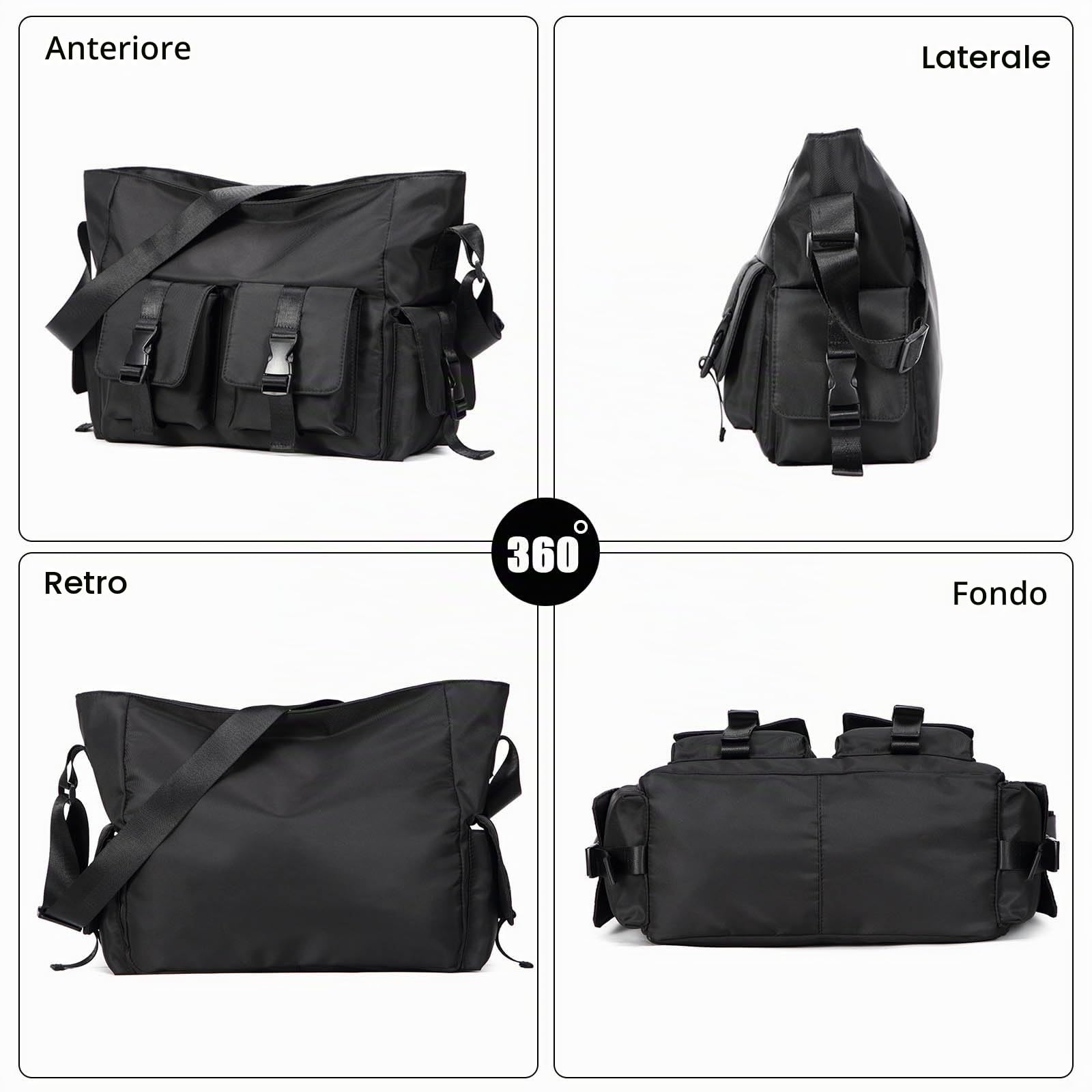 FANDARE Ultraleggero Borsa a Tracolla Uomo e Donna, Sportiva per Palestra, Messenger per 15.6 Pollici Tablet, Ufficio, Università, Insegnanti - Nera