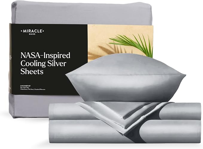 Miracle Made Cooling Bed Sheet - Silver Grey Bed Sheet, King - 4 Piece Silver Infused Bed Sheet 300 Thread Count - Thermoregulating Miracle Clean & Cool Fabric for Sensitive Skin