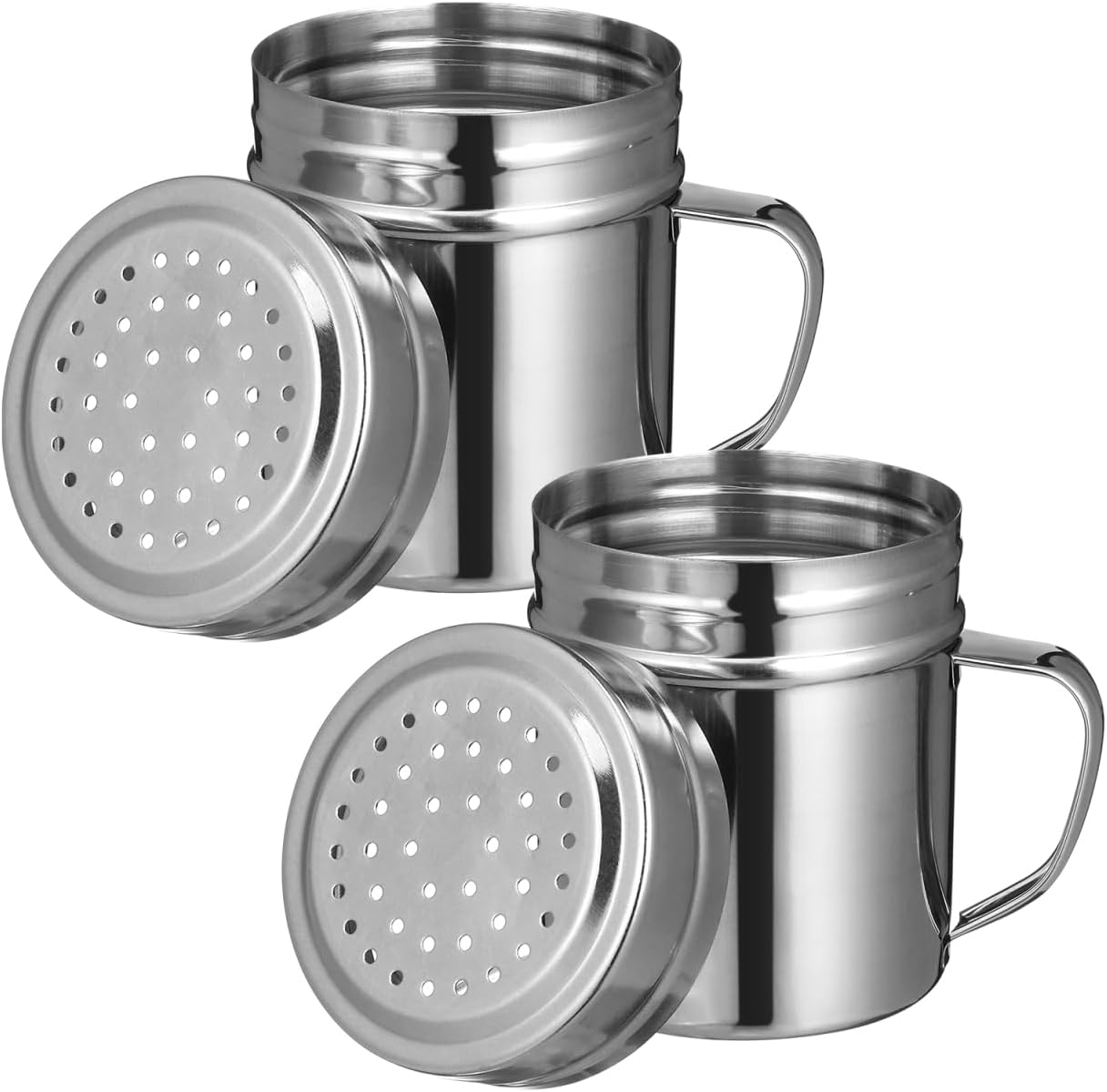 Stainless Steel Salt and Pepper Shakers: 2Pcs Set Metal Spice Seasoning Dredge Dispenser with Handle, Powder Sugar Flour Container for Kitchen Cooking