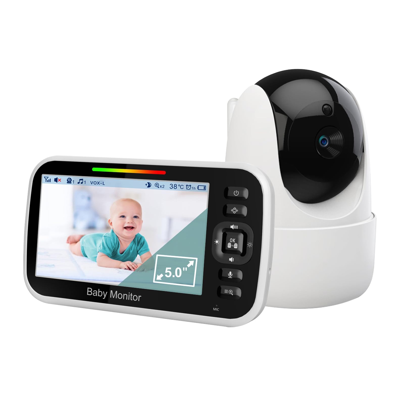 Baby Monitor with Camera and Audio, 5" LCD Display Portable Baby Camera Monitor No WiFi with Remote PTZ, Night Vision, 2-Way Talk, 4000mAh Battery, Lullabies, 1000ft Range (VB651)