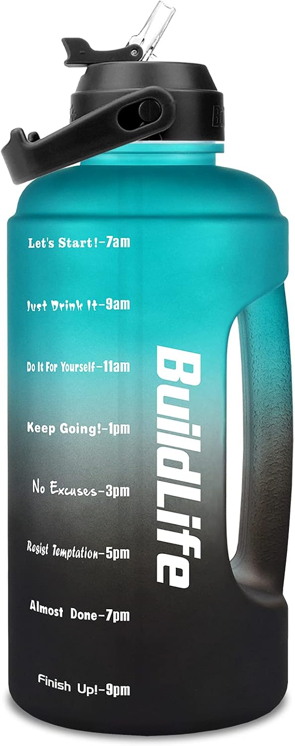 BuildLife Half Gallon Water Bottle - BPA Free Leakproof Water Jug Gradient Motivational Time Marker with Straw & Phone Holder Handle to Remind You Drink More Water