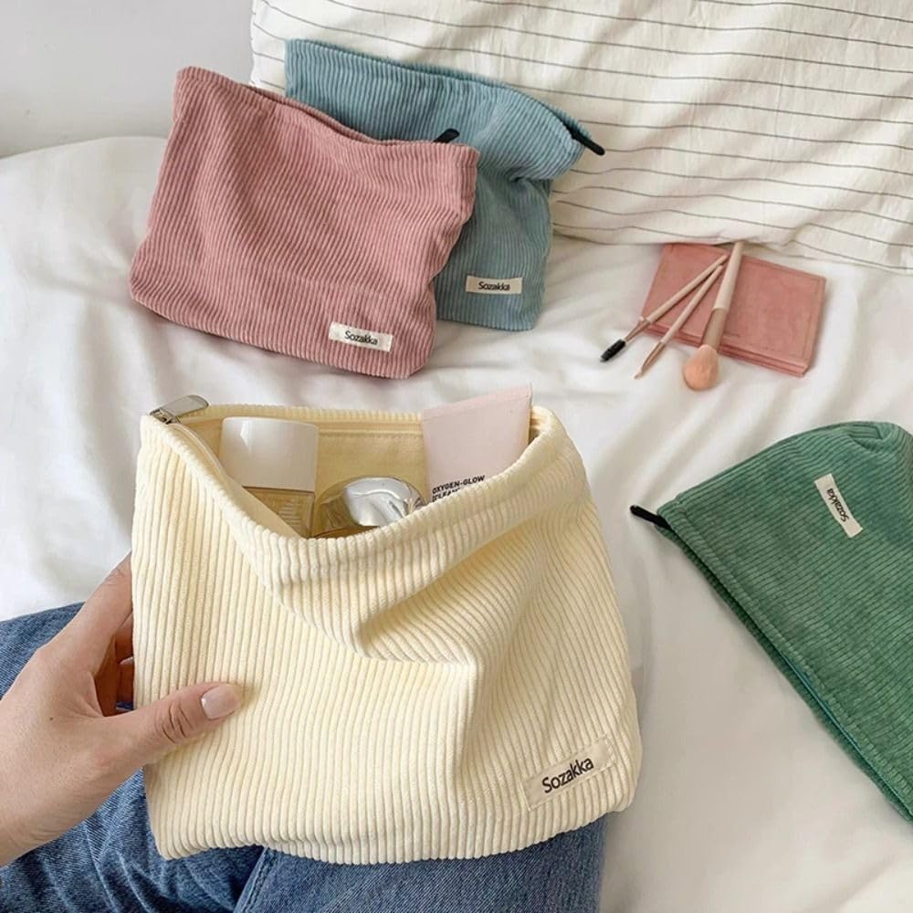 Corduroy Cosmetic Organizer Structured Canvas-Lined Travel Makeup Bag with Zipper Closure - Image 3