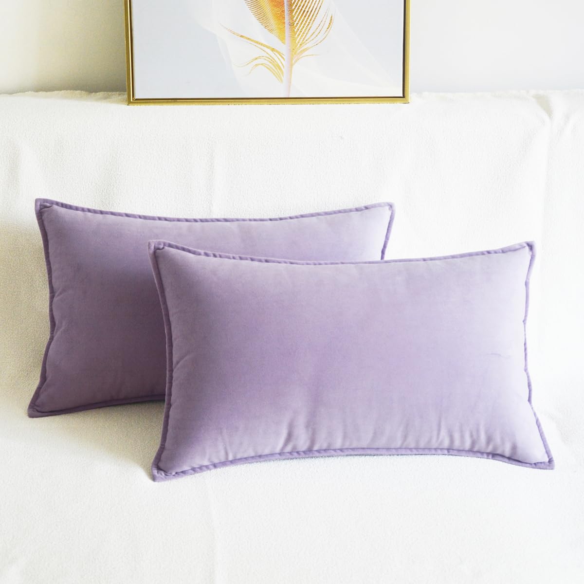 Lutanky Taro Purple Velvet Cushion Covers 30 x 50 cm Decorative Rectangle Throw Pillow Covers (Pack of 2) Soft Oblong Piped Pillowcases for Sofa Bedroom with Invisible Zipper 12x20 Inch - Image 2